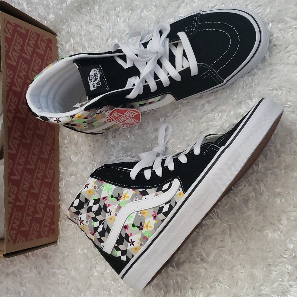 Vans Leather Suede Floral Checkered Hi Tops Sneakers
